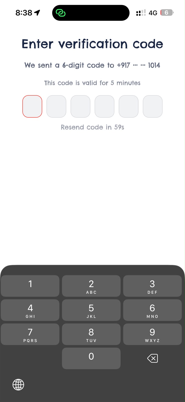 WorldFlows Enter verification code screen with six OTP digit fields and a resend timer