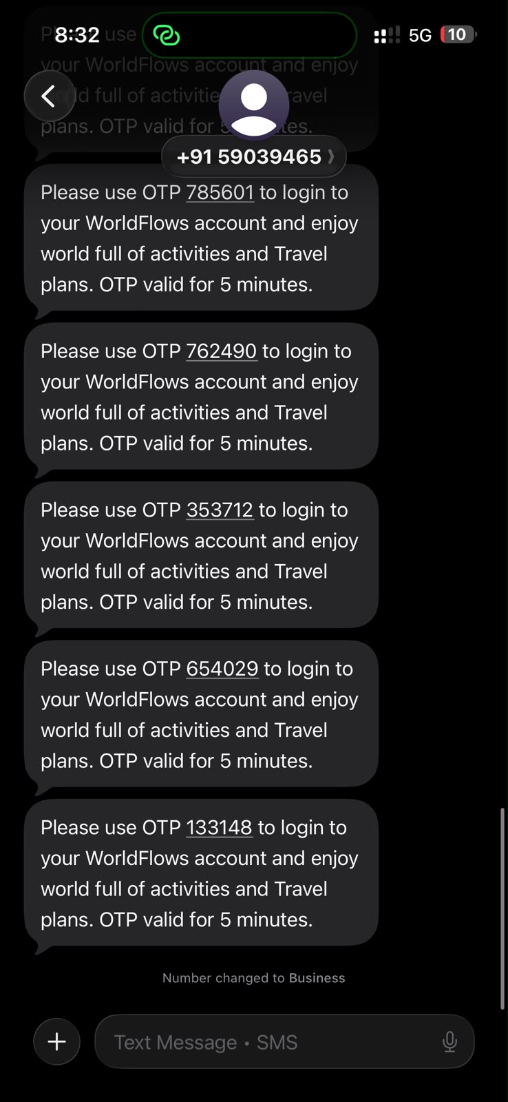 iPhone Messages conversation showing WorldFlows OTP SMS samples for account login