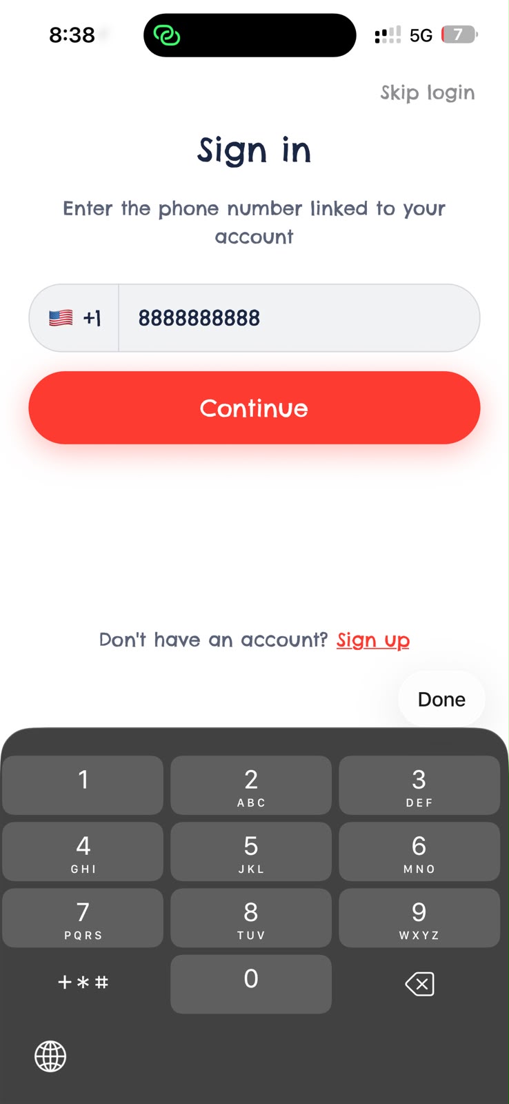 WorldFlows Sign in screen where the user enters a phone number and taps Continue to request an OTP